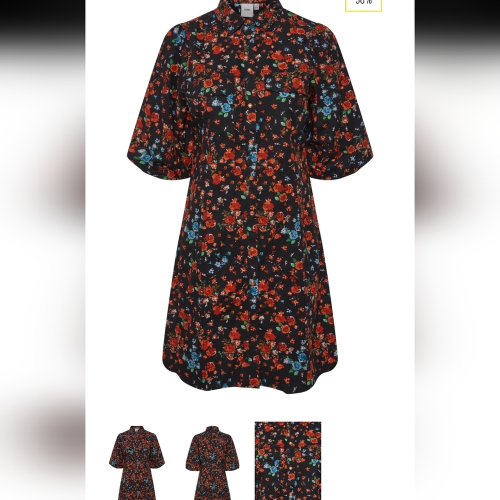 Floral Shirt Dress in Black with Red & Blue Blooms